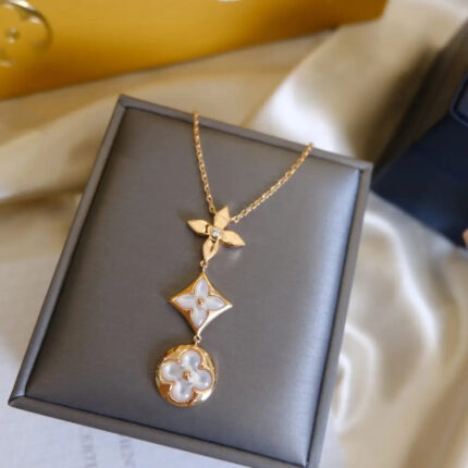 COLOR BLOSSOM LARIAT NECKLACE PINK GOLD WHITE MOTHER PEARL AND DIAMOND - Pink Gold - Necklaces